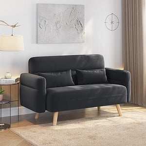 46" Modern Fabric Loveseat Sofa with Lumbar Pillows & Solid Wood Legs