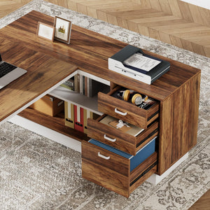 L-Shaped Executive Desk with File Cabinet & Storage