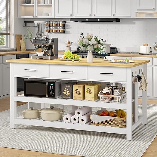 Kitchen Island with Power Outlets & Rubberwood Top