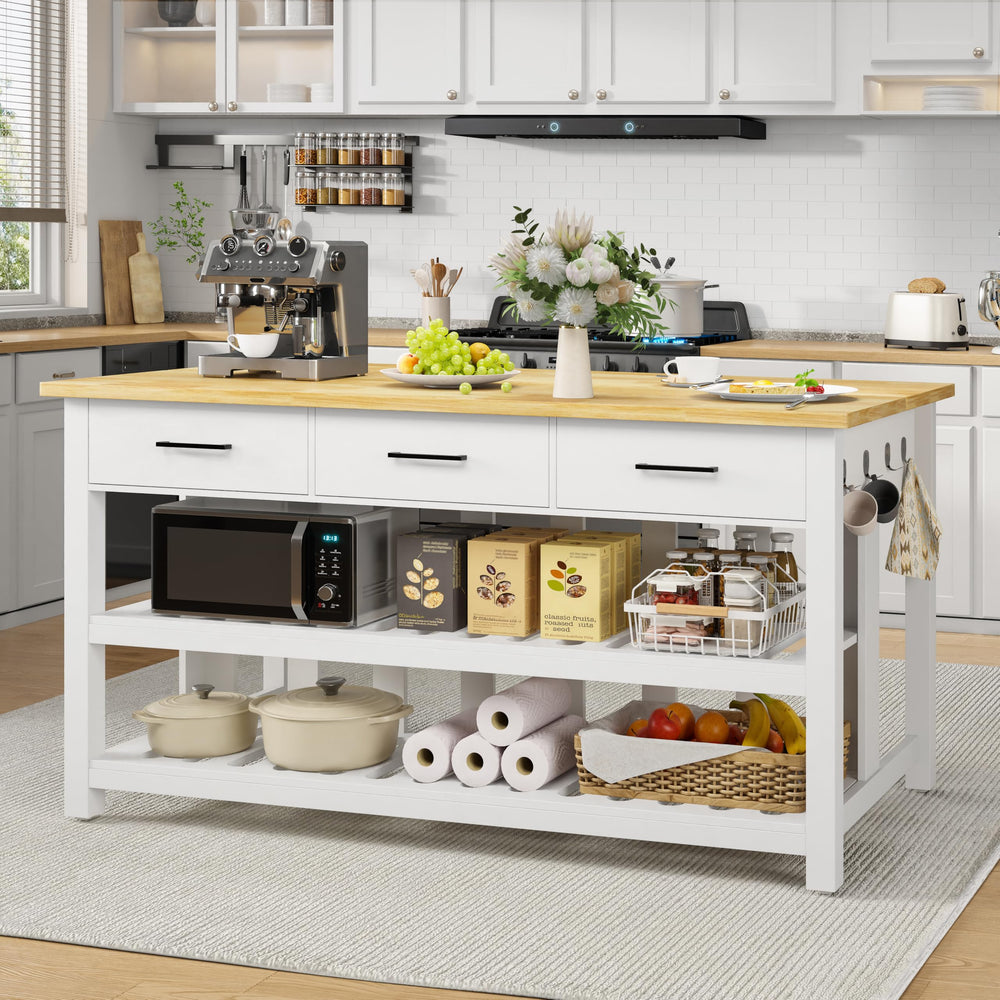 Kitchen Island with Power Outlets & Rubberwood Top