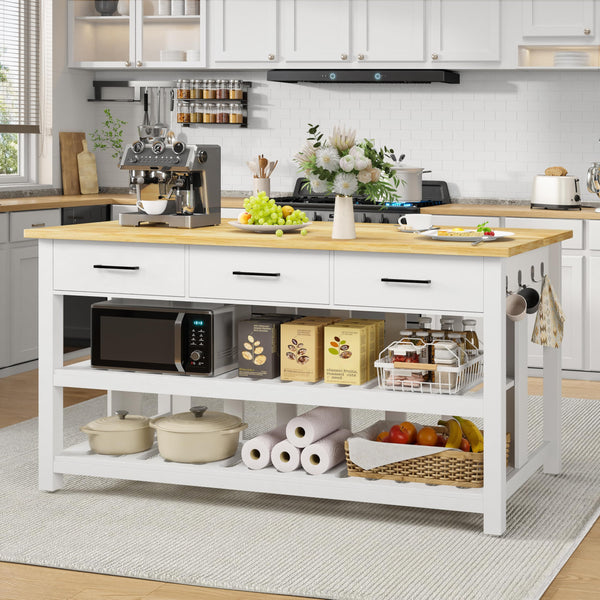 Kitchen Island with Power Outlets & Rubberwood Top