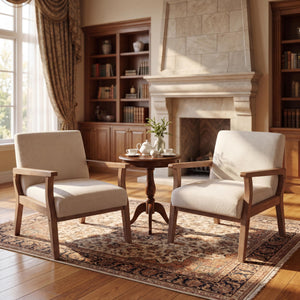 Mid-Century Modern Accent Chair – Beige Linen, Wood Frame