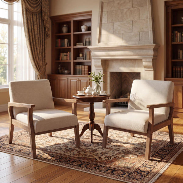 Mid-Century Modern Accent Chair – Beige Linen, Wood Frame