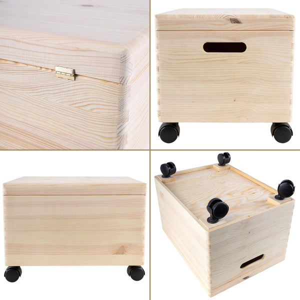 XXL Wooden Storage Box with Hinged Lid, Wheels & Handles