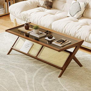 Bamboo Glass Top Coffee Table with Rattan Shelf