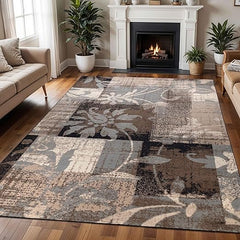 Floral Patchwork Indoor Area Rug – Beige, Low Pile, Machine Made