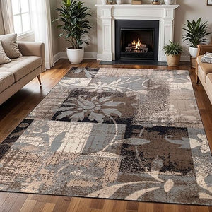 Floral Patchwork Indoor Area Rug – Beige, Low Pile, Machine Made