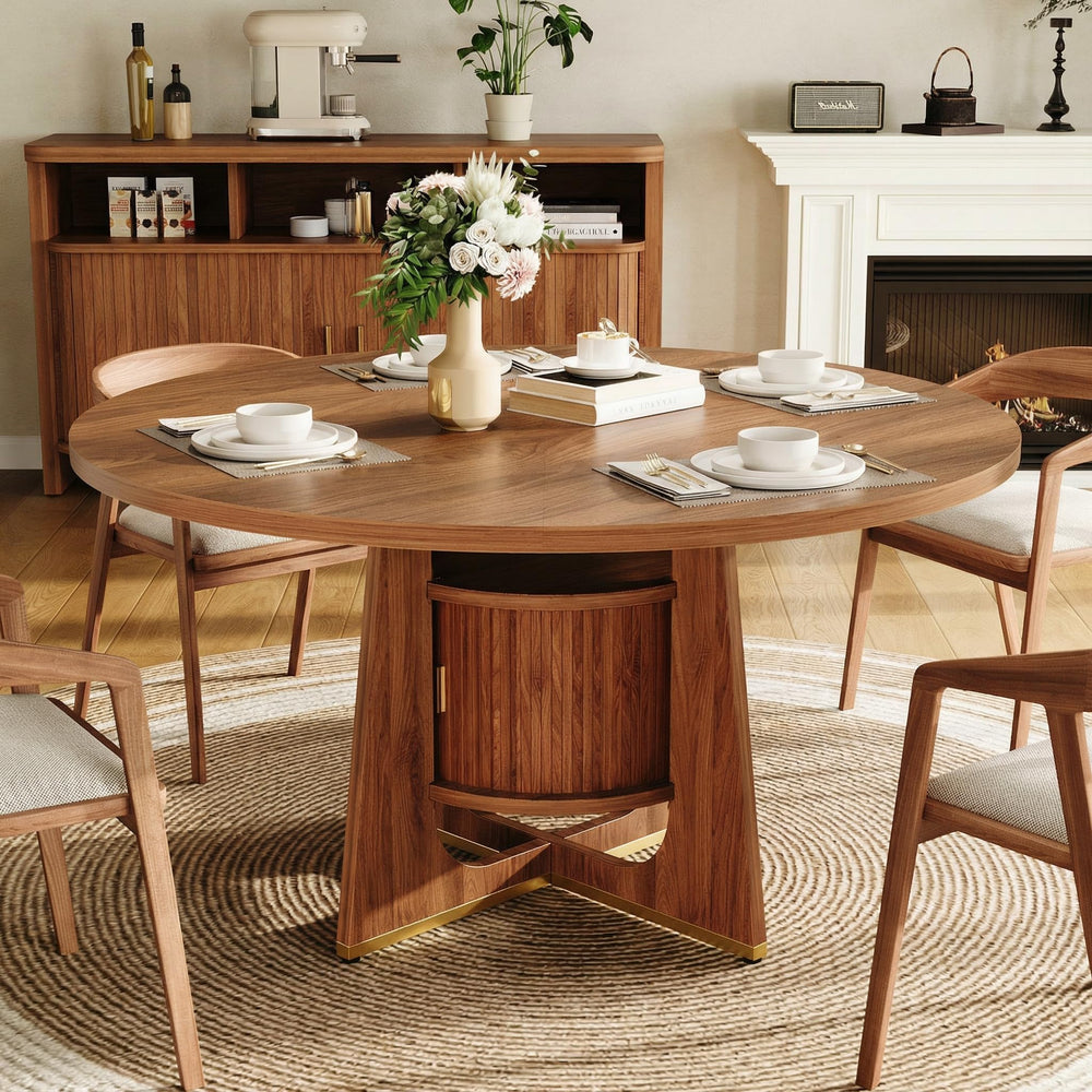 47 Inch Round Dining Table with Built-In Storage Cabinet — Mid-Century Modern