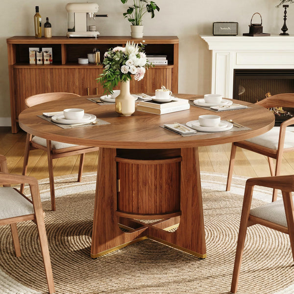 47 Inch Round Dining Table with Built-In Storage Cabinet — Mid-Century Modern