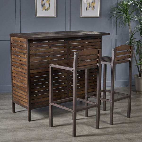 Indoor Acacia Wood Bar Set with Rustic Metal Accents