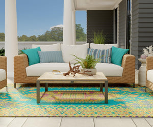 Outdoor Turkish Pattern Area Rug - Aqua, 6 ft x 9 ft