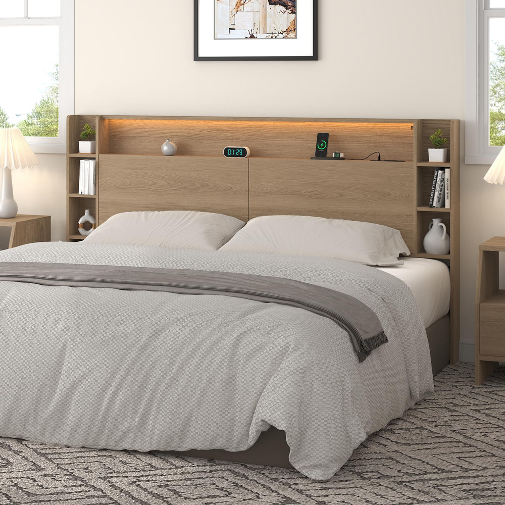 Headboard with Shelves, Charging Station & LED Light
