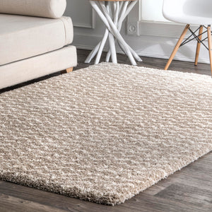 Cream Striped Shag Area Rug 9x12 | Polypropylene Power Loomed