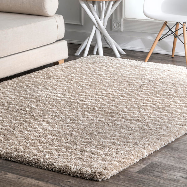 Cream Striped Shag Area Rug 9x12 | Polypropylene Power Loomed