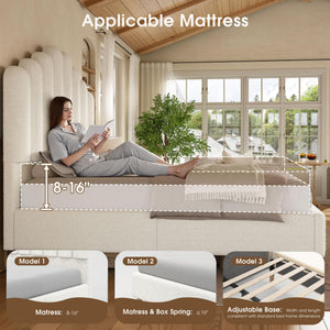White Boucle Upholstered Bed Frame with 57" Headboard