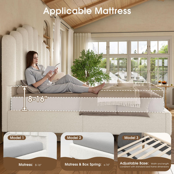 White Boucle Upholstered Bed Frame with 57" Headboard
