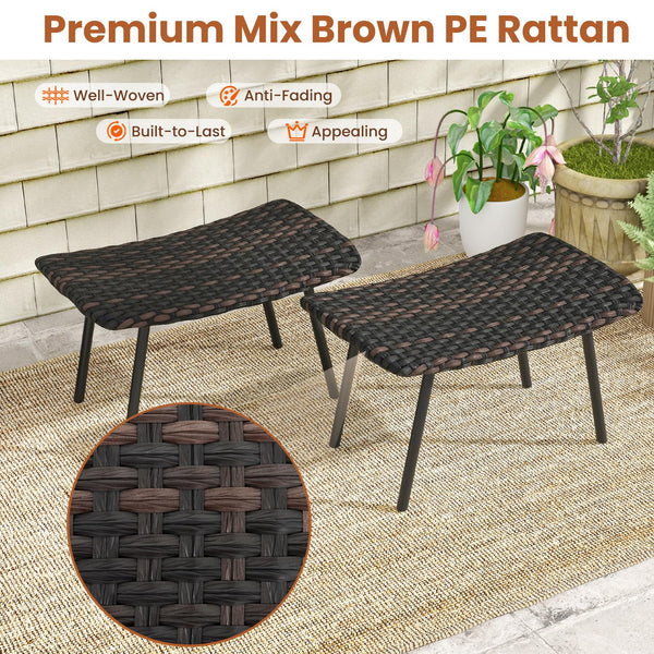 Set of 2 Outdoor Rattan Patio Ottomans with Quick Dry Foam