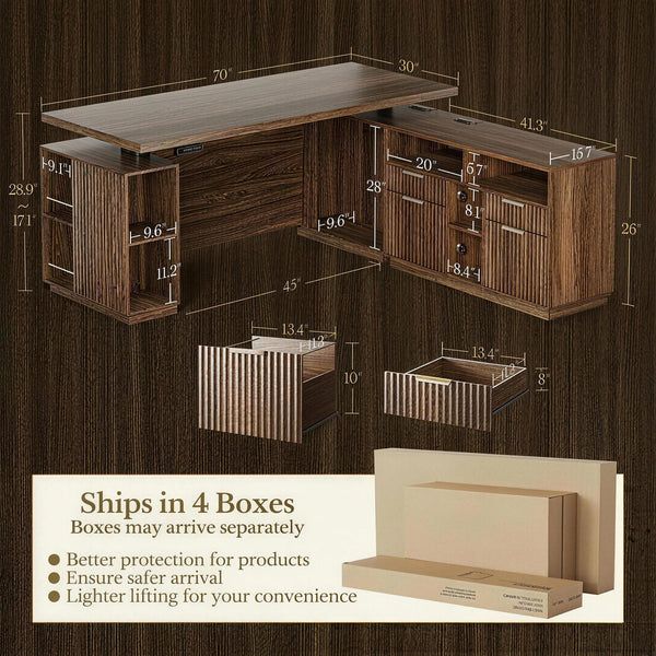 70" L-Shaped Electric Standing Desk with File Cabinet