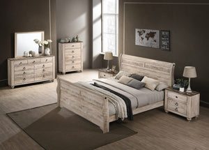 Roundhill Furniture Imerland Contemporary White-wash Finished 6-Piece Sleigh Headboard Bedroom Set, Queen