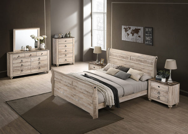 Roundhill Furniture Imerland Contemporary White-wash Finished 6-Piece Sleigh Headboard Bedroom Set, Queen