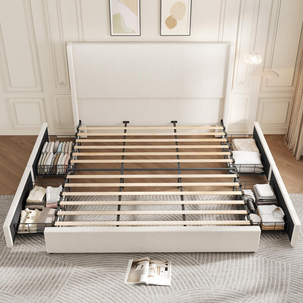 King Size Bed Frame with Storage Drawers, Corduroy Upholstered Wingback Platform Bed