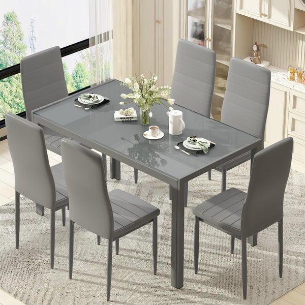 7-Piece Tempered Glass Dining Table Set with 6 PU Leather Chairs