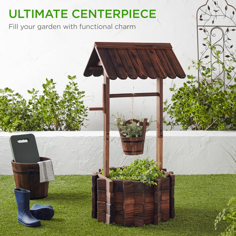 Rustic Wooden Wishing Well Planter with Hanging Bucket