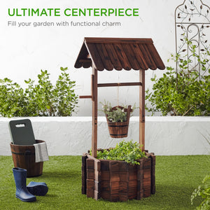 Rustic Wooden Wishing Well Planter with Hanging Bucket