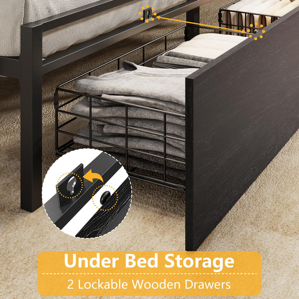 Platform Bed Frame with Storage Drawers, LED Lights & Charging Station