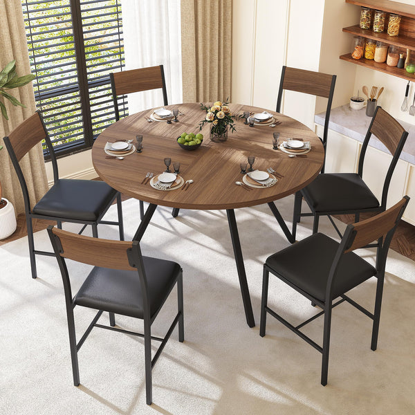 47" Round Dining Table Set for 6 with Chairs, Walnut Wood Grain