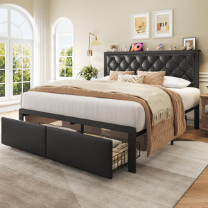 Metal Bed Frame with Storage Drawers & Charging Station