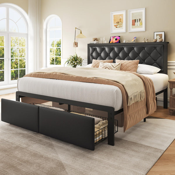 Metal Bed Frame with Storage Drawers & Charging Station