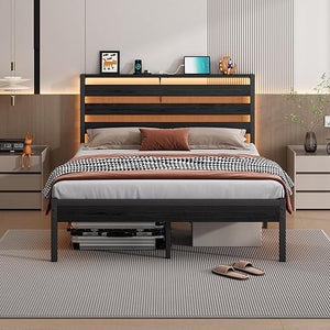 Metal Platform Bed Frame with LED Lights, USB Charging & Storage Headboard