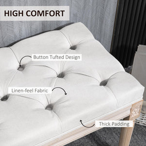 French Vintage Upholstered Bench – Button Tufted, Cream White