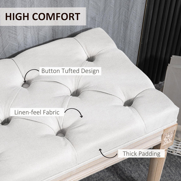 French Vintage Upholstered Bench – Button Tufted, Cream White