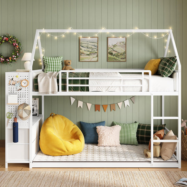 Twin Over Twin House Bunk Bed with Hall Tree & 6 Storage Drawers
