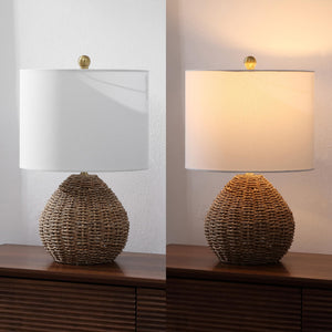 Brown Rattan LED Table Lamp with White Linen Drum Shade