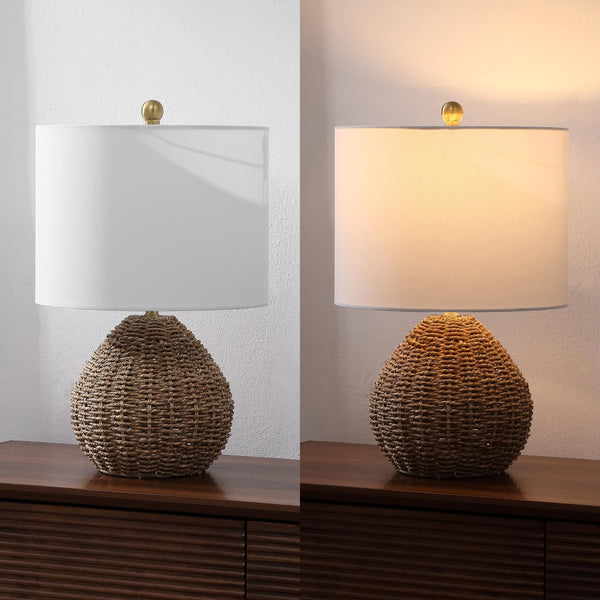 Brown Rattan & Iron LED Table Lamp with White Linen Drum Shade