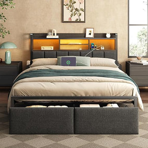 Upholstered Platform Bed Frame with Storage Drawers, LED Lights & Charging Station