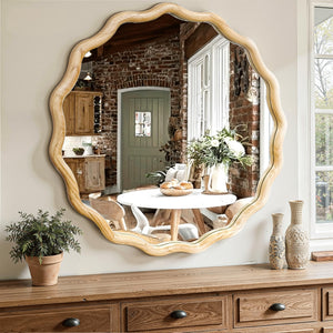 Wavy Round Wood Wall Mirror with Scalloped Frame