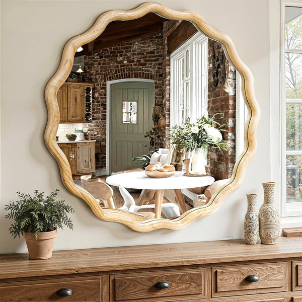 Wavy Round Wood Wall Mirror with Scalloped Frame