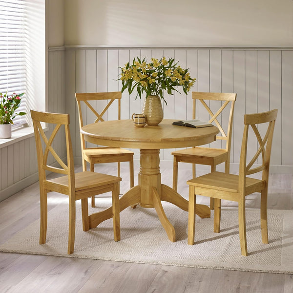 Round Wooden Dining Table Set with 4 Cross Back Chairs – Seats 4