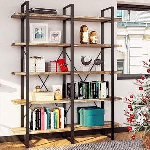 Industrial Double Wide 5-Tier Bookshelf – Wood & Metal