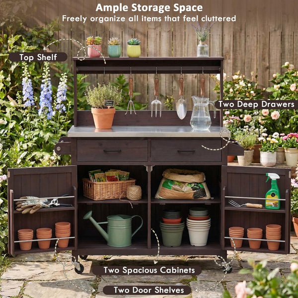 Outdoor Kitchen Island with High Shelf & Storage Cabinet