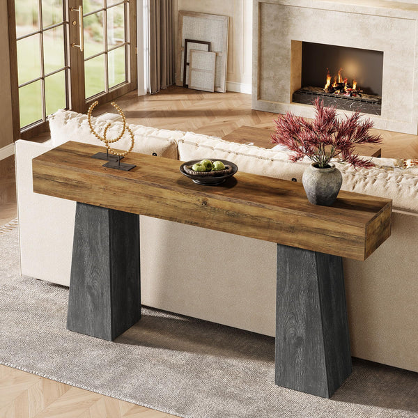 63-Inch Farmhouse Console Table with Double Trapezoid Base