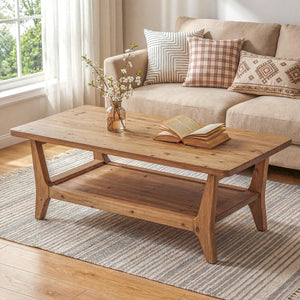 Solid Wood Coffee Table with 2-Tier Shelf & Rounded Corners