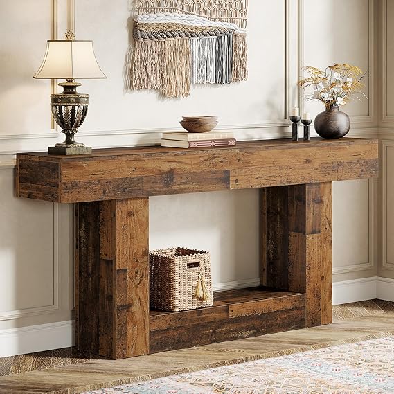 63-Inch Farmhouse Console Table with U-Shaped Base & Lower Shelf