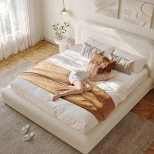 Boucle Upholstered Platform Bed Frame with Headboard
