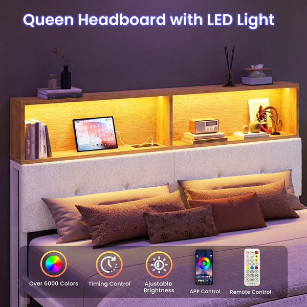 Queen Upholstered Headboard with Storage, LED Light & Charging Station