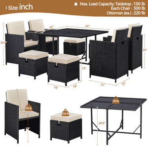 9-Piece Outdoor Patio Dining Set with Glass Table & Rattan Chairs
